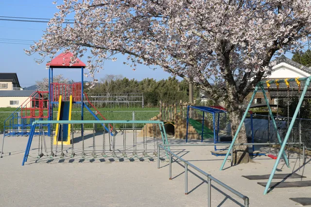 桜の下の園庭の遊具